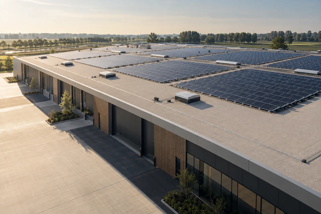 Zonnepanelen op een ruim industrieel plat dak