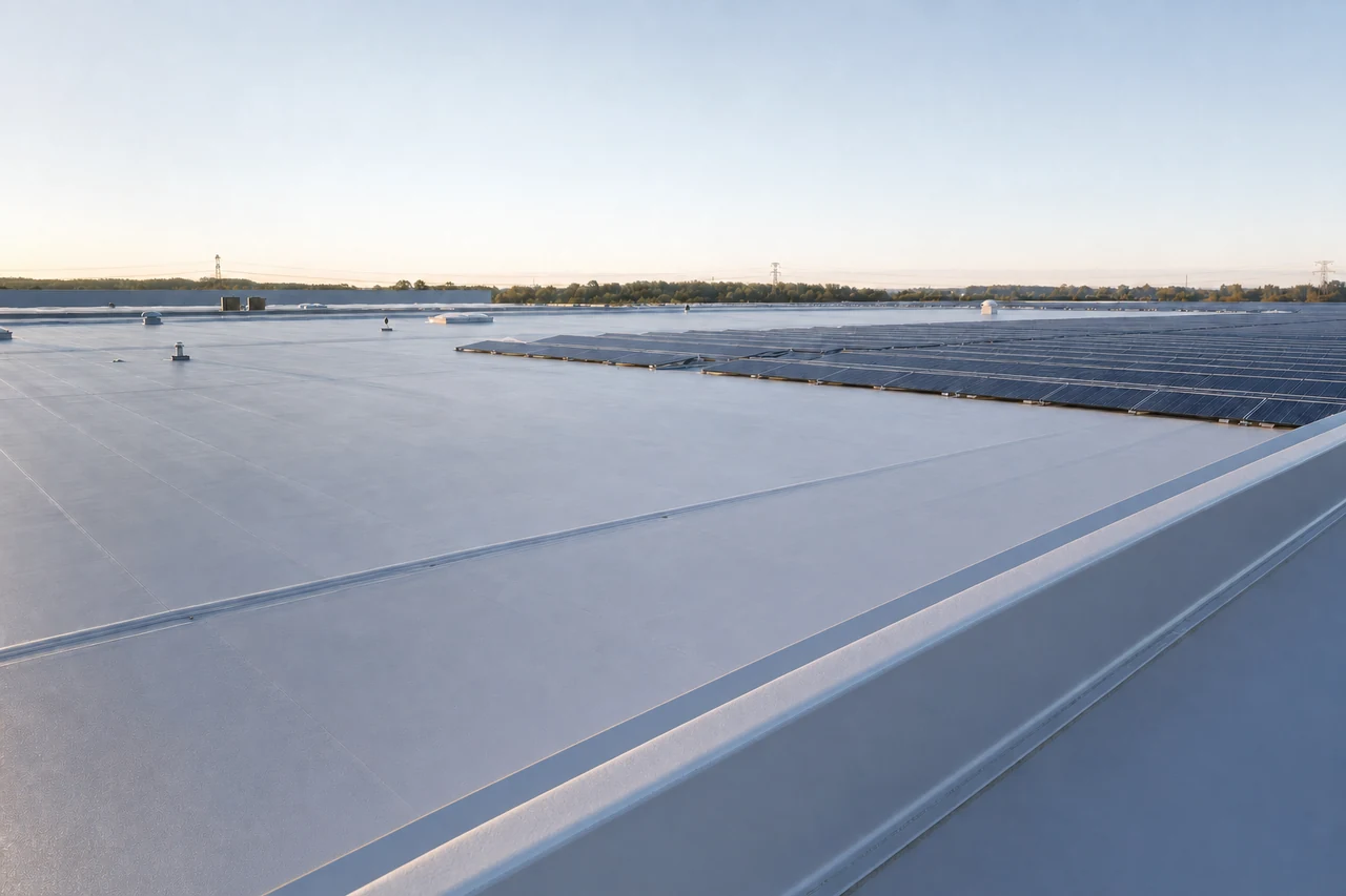 Industrieel plat dak met PV-modules op dragers, dakbaan en minerale beschermlagen