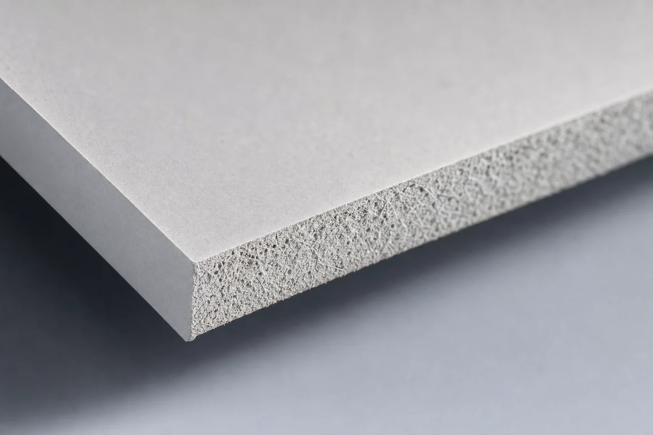 Materiaaldetail: snijkant van een minerale plaat op een dakbaan
